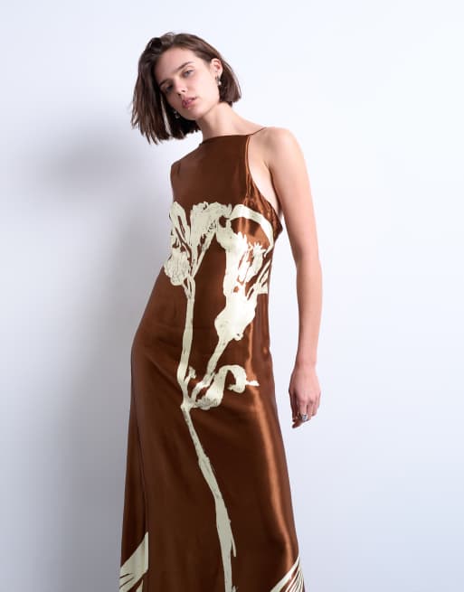Topshop ruched side midi dress with drape back detail in brown and lime floral