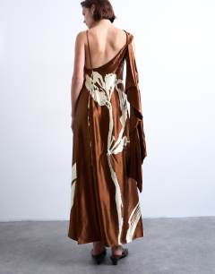 Model wearing Ruched side midi dress with drape back detail in brown and lime floral