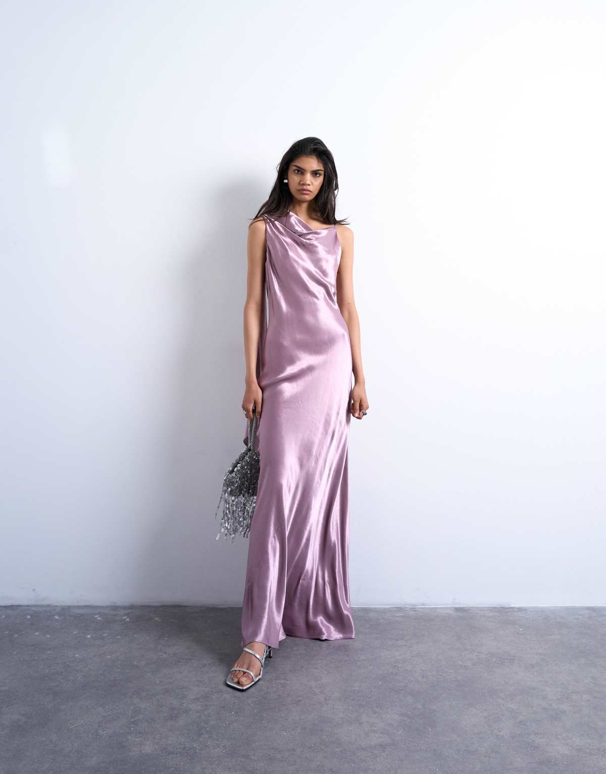 Topshop ruched side midi dress with drape back detail in dusky purple