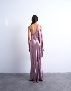 Model wearing Ruched side midi dress with drape back detail in dusky purple