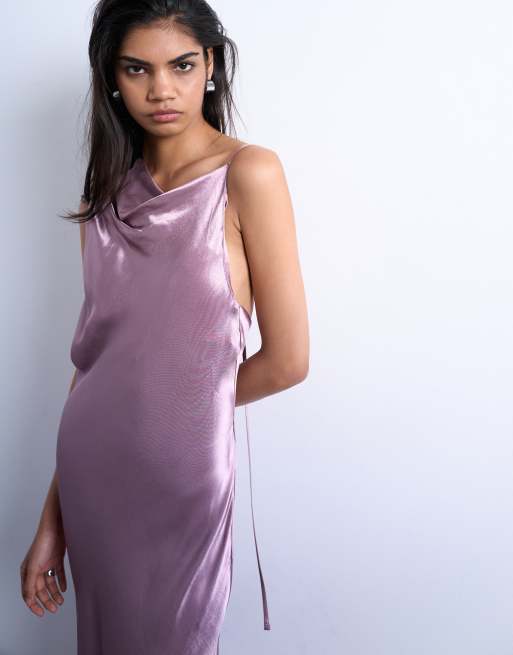 Topshop ruched side midi dress with drape back detail in dusky purple