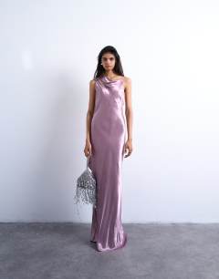 Model wearing Ruched side midi dress with drape back detail in dusky purple