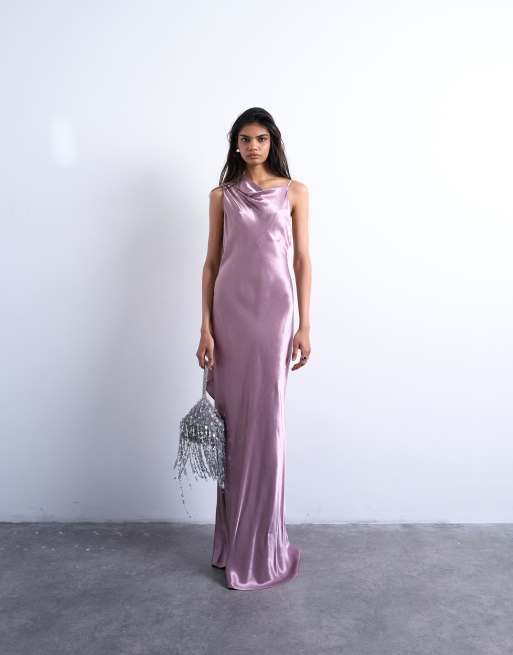Topshop ruched side midi dress with drape back detail in dusky purple