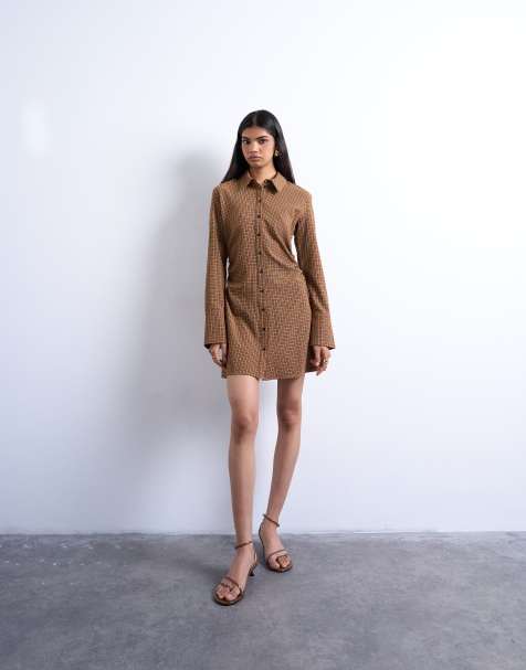 Topshop ruched side shirt dress in mini brown check - view 1