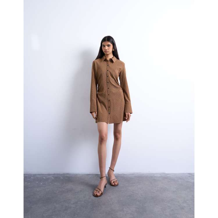 Topshop ruched side shirt dress in mini brown check | ASOS