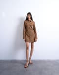 [Topshop] Topshop ruched side shirt dress in mini brown check 4 BROWN