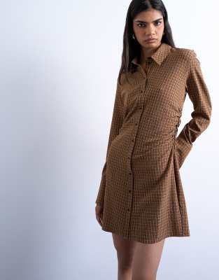 brown ruched shirt dress Hunni Ruched Shirt Mini Dress | Brown | Womens