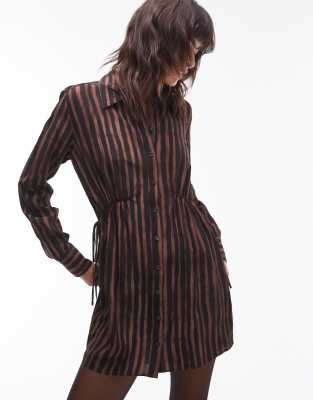 Topshop ruched side shirt mini dress in brown stripe print-Multi