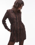 [Topshop] Topshop ruched side shirt mini dress in brown stripe print-Multi 8 MULTI
