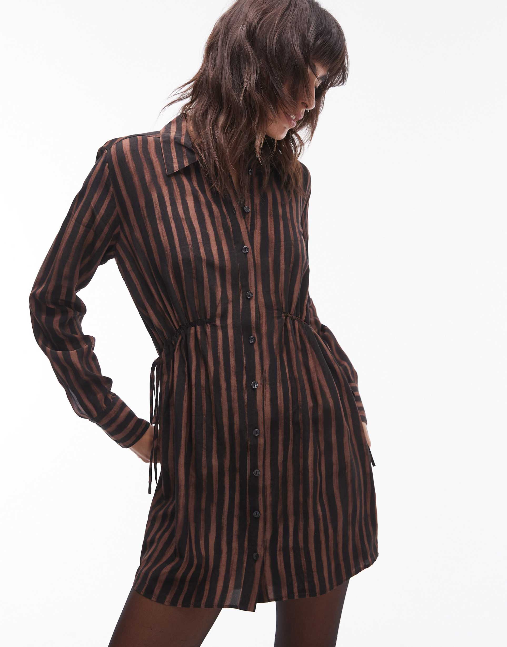 topshop ruched side shirt mini dress in brown stripe print