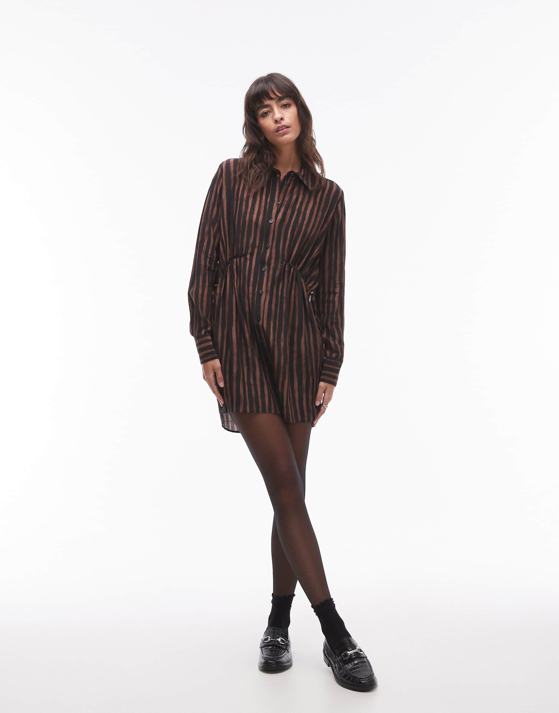 topshop ruched side shirt mini dress in brown stripe print