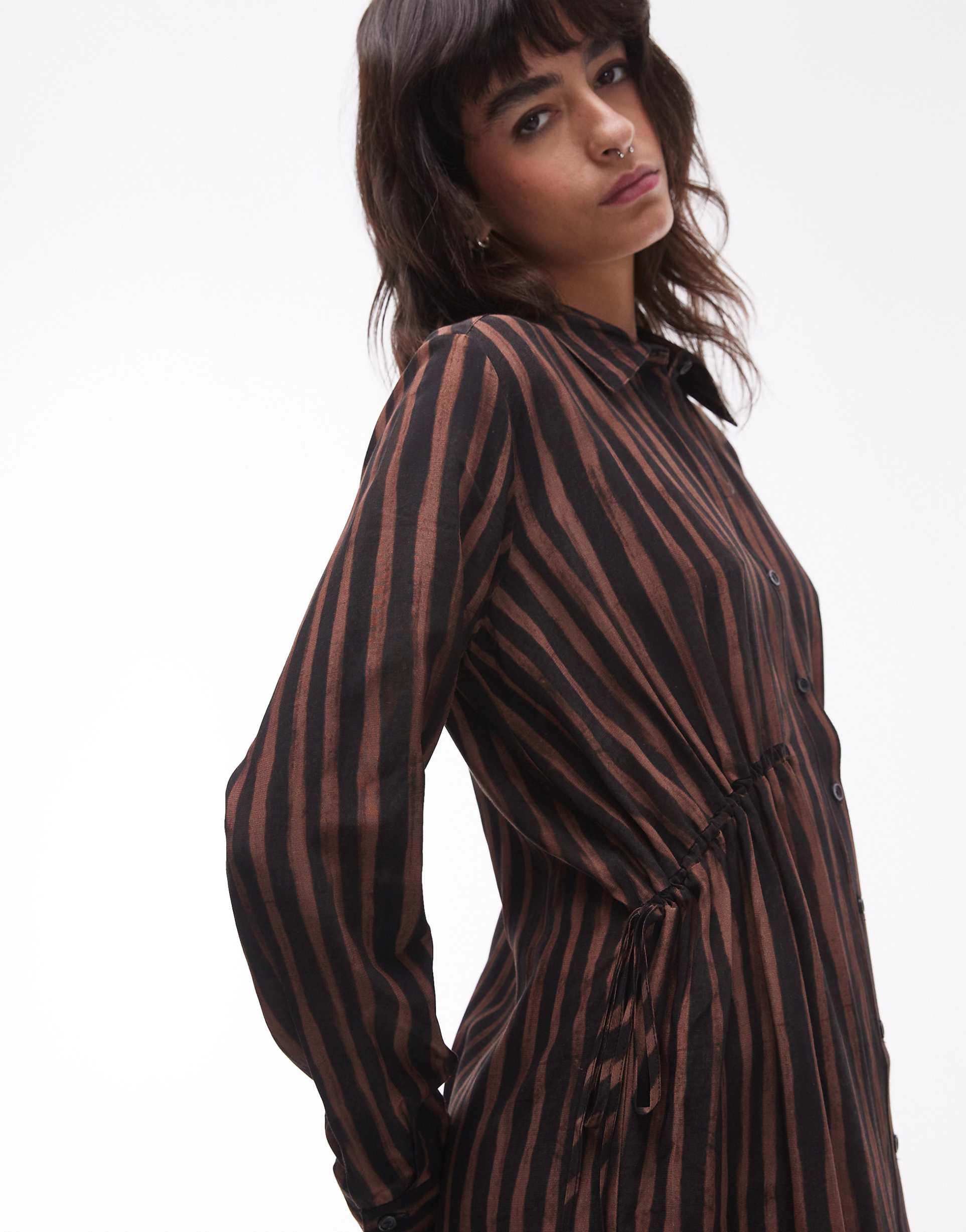 topshop ruched side shirt mini dress in brown stripe print