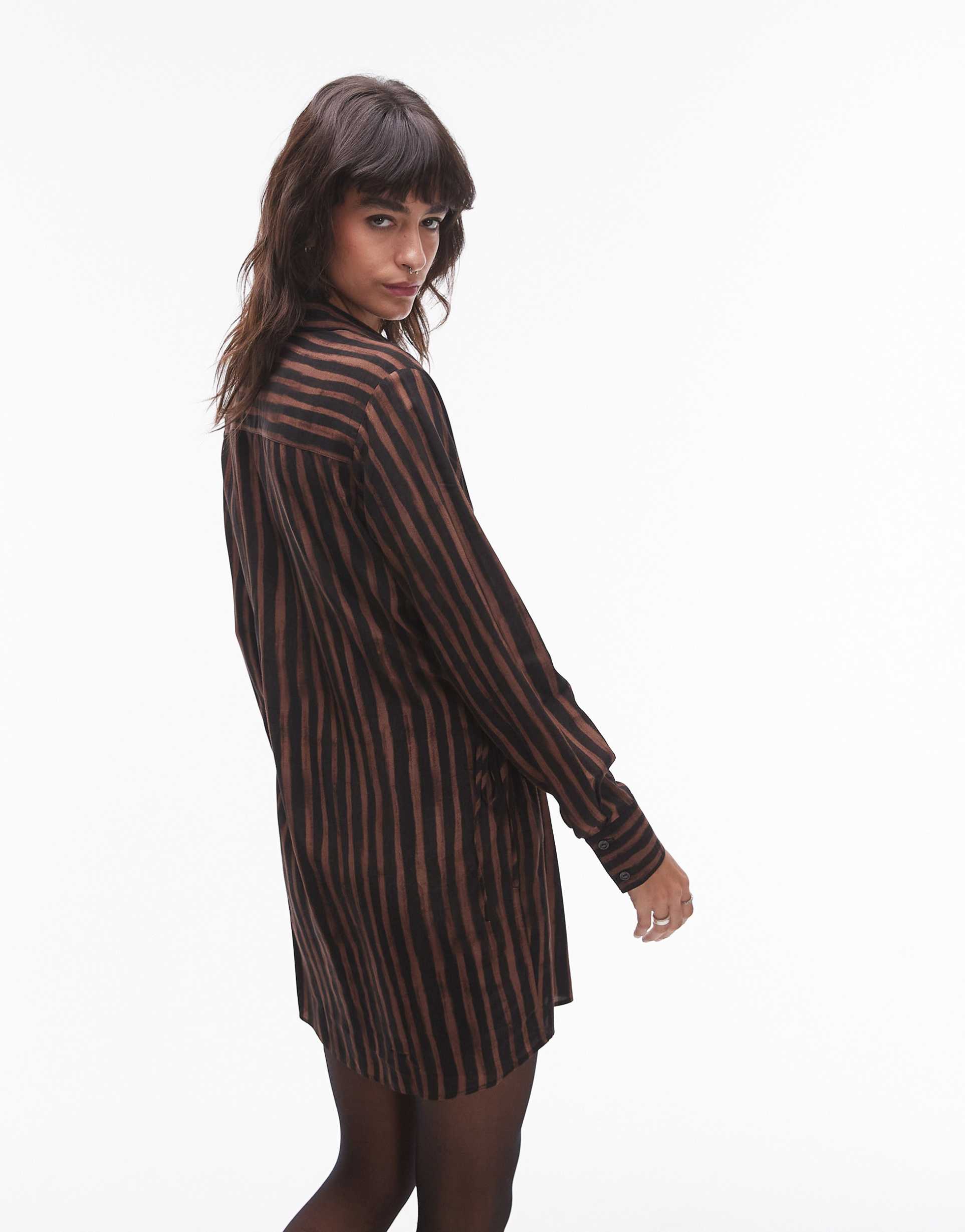 topshop ruched side shirt mini dress in brown stripe print