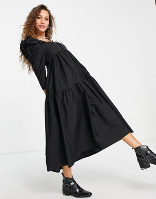 Topshop ruched sleeve contrast top stitch poplin midi dress in black | ASOS