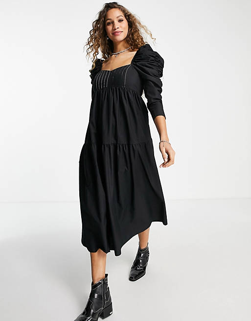 Topshop ruched sleeve contrast top stitch poplin midi dress in