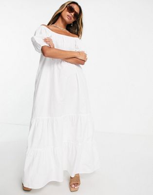 Topshop ruched sleeve maxi dress in white