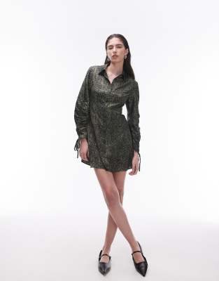 Topshop ruched sleeve mini shirt dress in green animal print