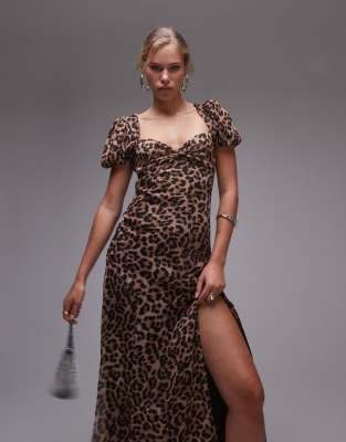 Topshop ruched sleeve occasion dress in animal print-Multi