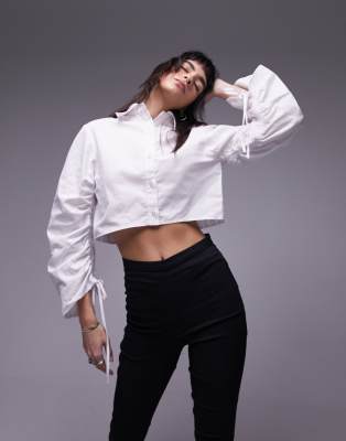 Topshop Ruched Sleeve Poplin Crop Shirt In White