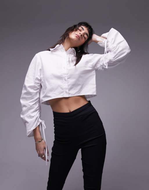 Topshop ruched sleeve poplin crop shirt in white ASOS