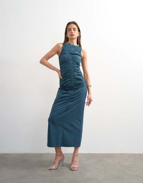 Topshop ruched sleeveless midi dress in navy - view 1