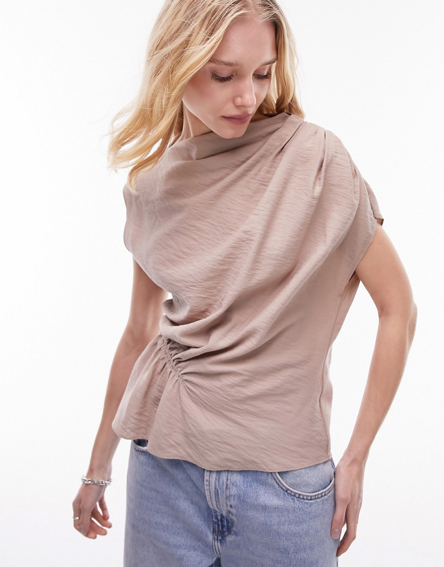 TOPSHOP RUCHED SLEEVELESS TOP IN MOCHA-BROWN