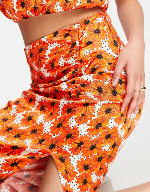 Topshop ruched split front poppy print midi skirt in red - part of a set, 3 of 4