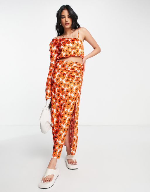 Topshop ruched split front poppy print midi skirt in red - part of a set, 4 of 4