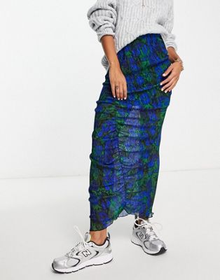 Topshop ruched textured jersey midi skirt in blue and green