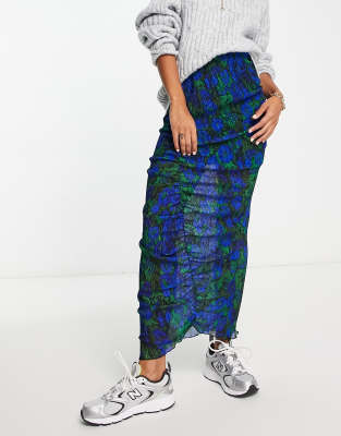 Topshop Ruched Textured Jersey Midi Skirt In Blue And Green
