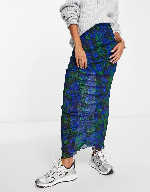 Topshop ruched textured jersey midi skirt in blue and green ASOS