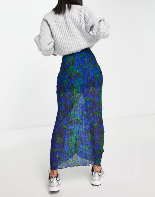 Topshop ruched textured jersey midi skirt in blue and green , 2 of 4