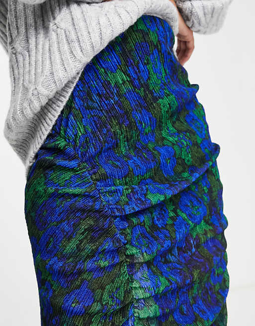 Topshop ruched textured jersey midi skirt in blue and green Topshop ruched textured jersey midi skirt in blue and green