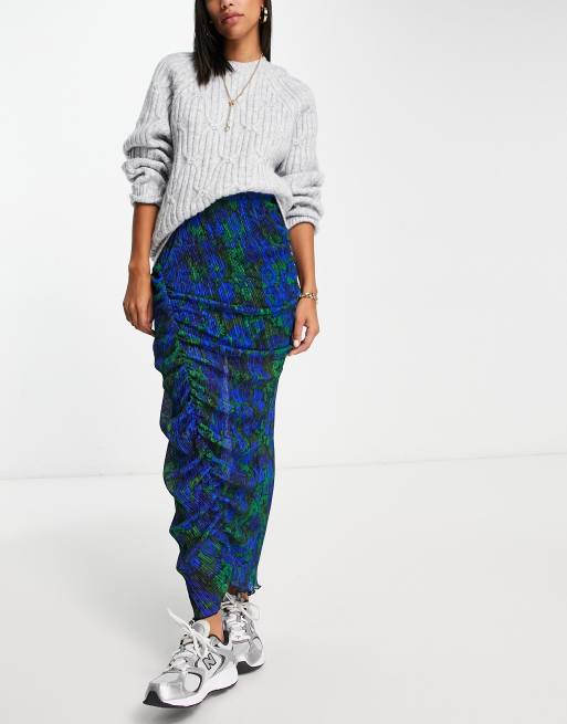 Topshop ruched textured jersey midi skirt in blue and green , 4 of 4