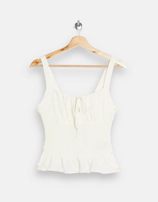 Topshop ruched tie front cami in cream, 3 of 4