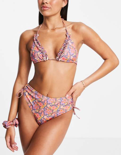 Topshop ruched tie high waist bikini bottom in ditsy floral - MULTI