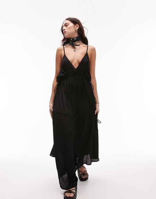 Topshop ruched tie side in ASOS maxi dress beach | black