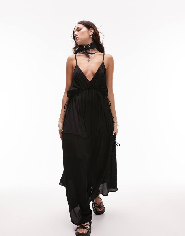 Topshop ruched tie side maxi beach dress in black