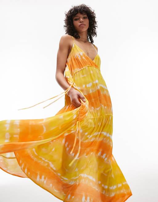 Topshop ruched tie side maxi beach dress in orange and yellow