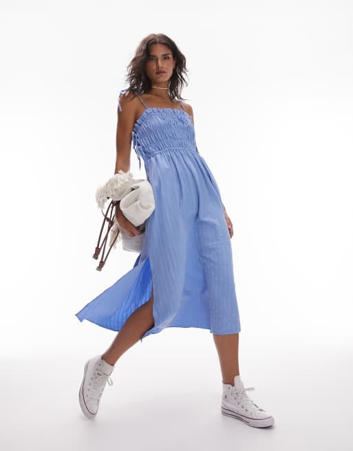Topshop ruched tie strap textured pinny dress in blue