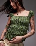 [Topshop] Topshop ruched tiered tie side top in green check 12 Green check