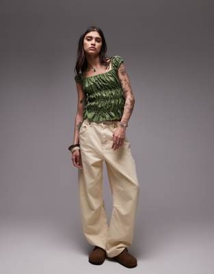 Topshop Ruched Tiered Tie Side Top In Green