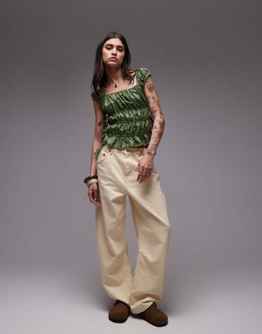 Topshop ruched tiered tie side top in green check