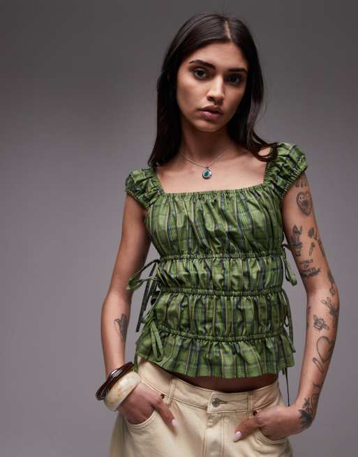 Topshop ruched tiered tie side top in green check