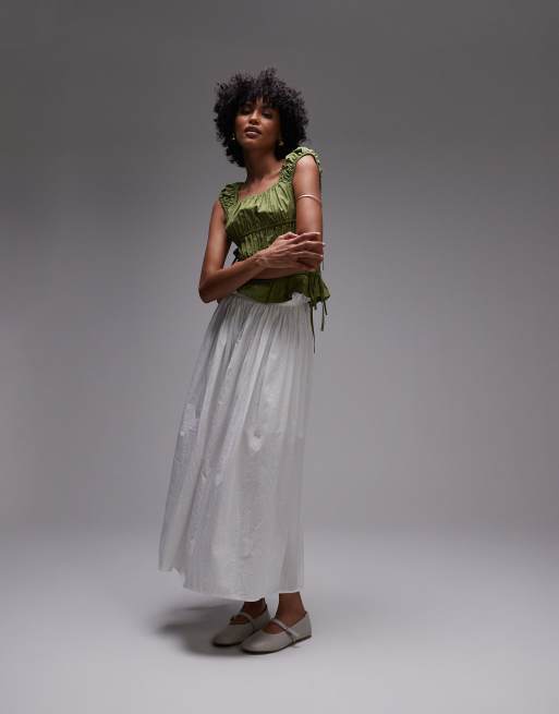 Topshop ruched tiered tie side top in green, 3 of 4