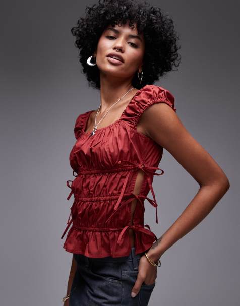 Topshop ruched tiered tie side top in rust