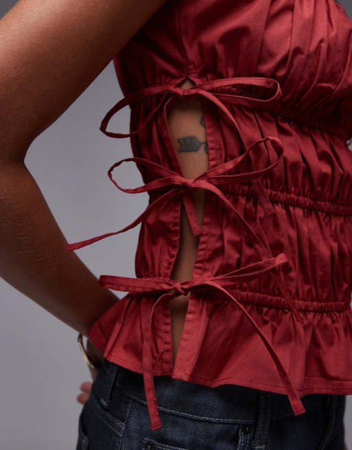 Topshop ruched tiered tie side top in rust, 3 of 4