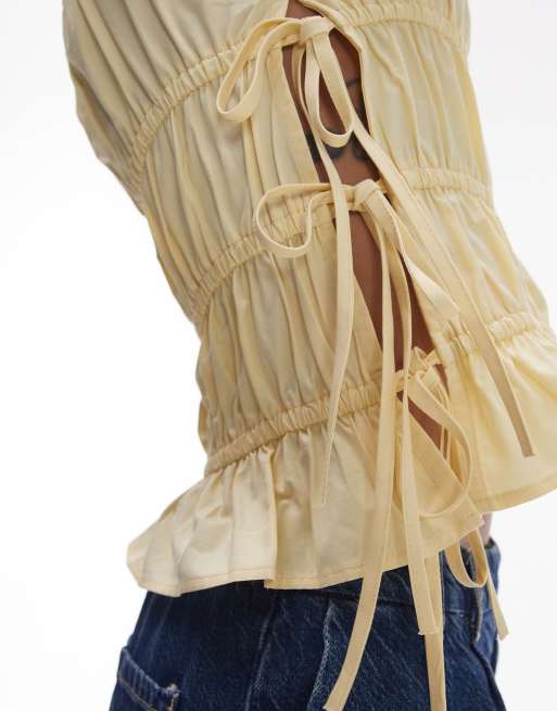 Topshop ruched tiered tie sides top in buttermilk, 4 of 4