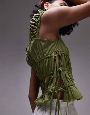 Topshop Ruched Tiered Tie Sides Top In Green