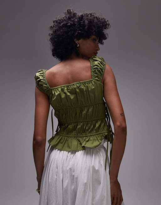 Topshop ruched tiered tie sides top in green, 4 of 4